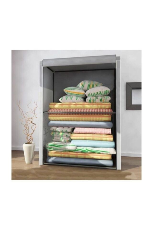 Güçlendirilmiş Çelik Iskelet Yorgan Hurcu, Yüklük, Saklama Dolabı, Gri Renk Bez Dolap