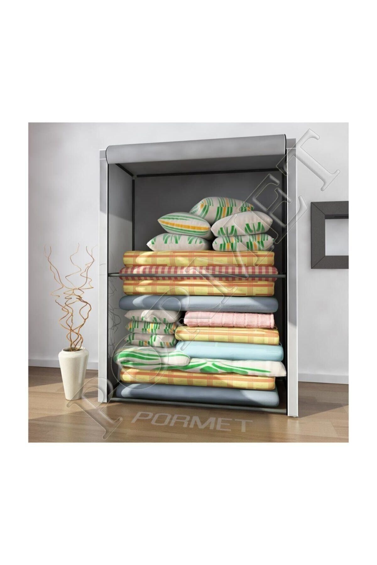 Bez Dolap Yorgan Hurcu Metal Profilli Yorgan Hurcu Portatif Bez Dolap Çelik Profilli Gri Renk