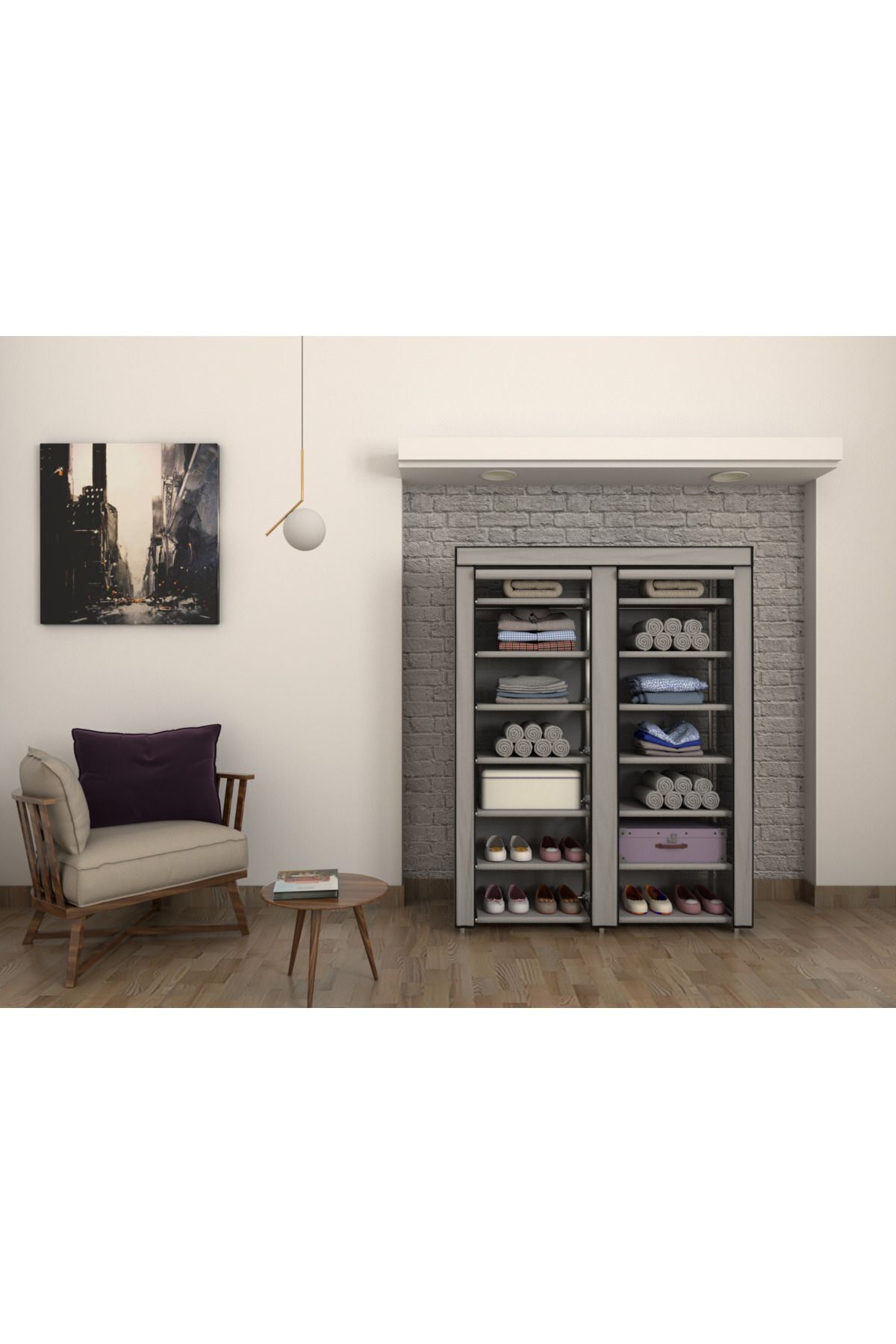 Plastik Profilli Iki Bölmeli Kumaş Raflı Çok Amaçlı Bez Dolap Ayakkabılık Gri