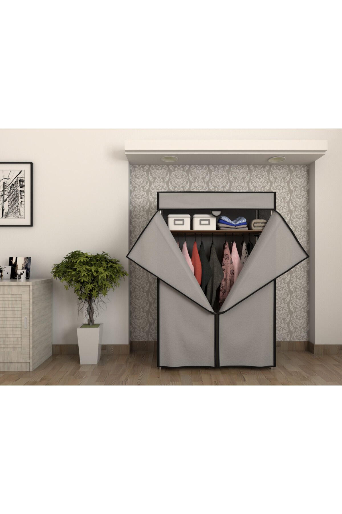 Bez Dolap Plastik Raflı Çelik Borulu Gri Bez Dolap