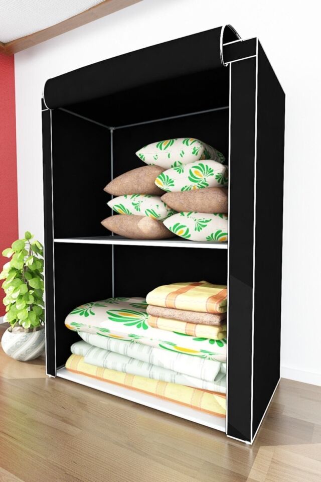 Güçlendirilmiş Çelik Metal Raflı Siyah Yorgan Hurcu Yüklük  Saklama Dolabı