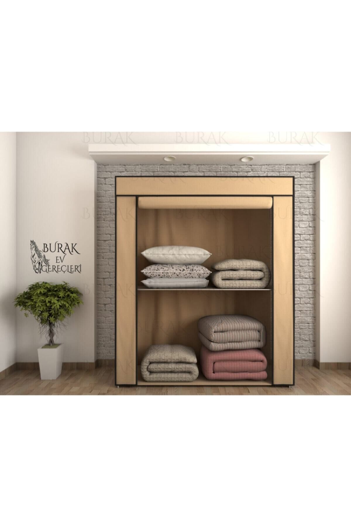 Çelik Borulu Bej Yorgan Hurcu Bez Dolap Yüklük Gardırop