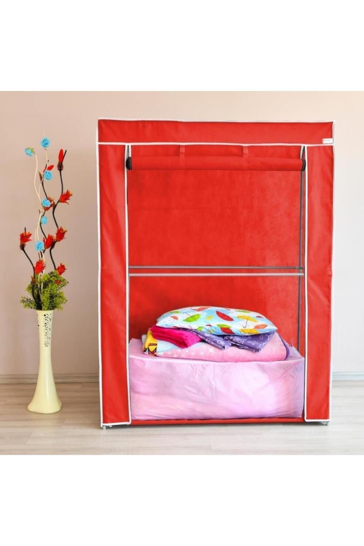Çelik Borulu Kırmızı Yorgan Hurcu Bez Dolap Yüklük Gardırop