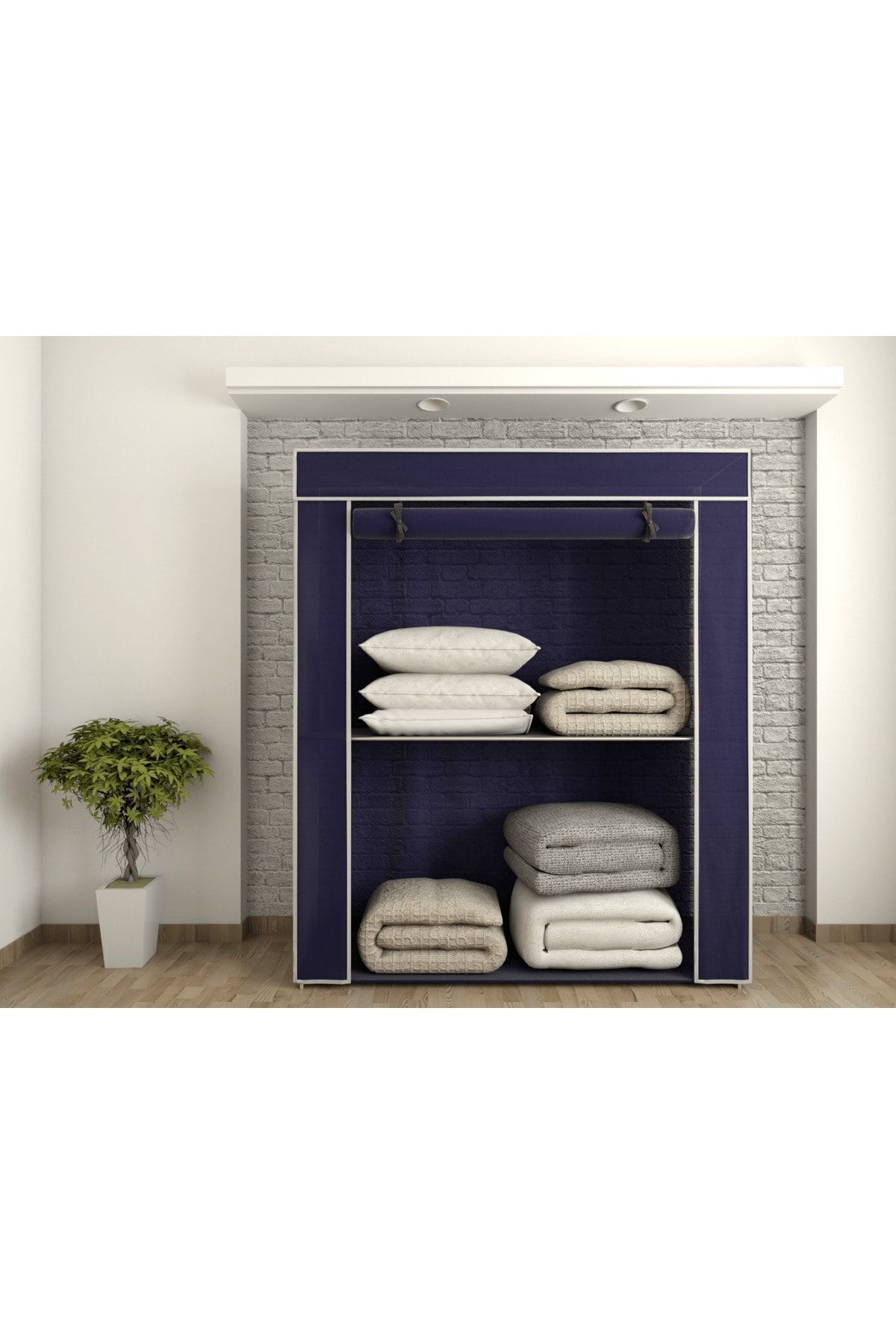 Çelik Borulu Lacivert Yorgan Hurcu Bez Dolap Yüklük Gardırop