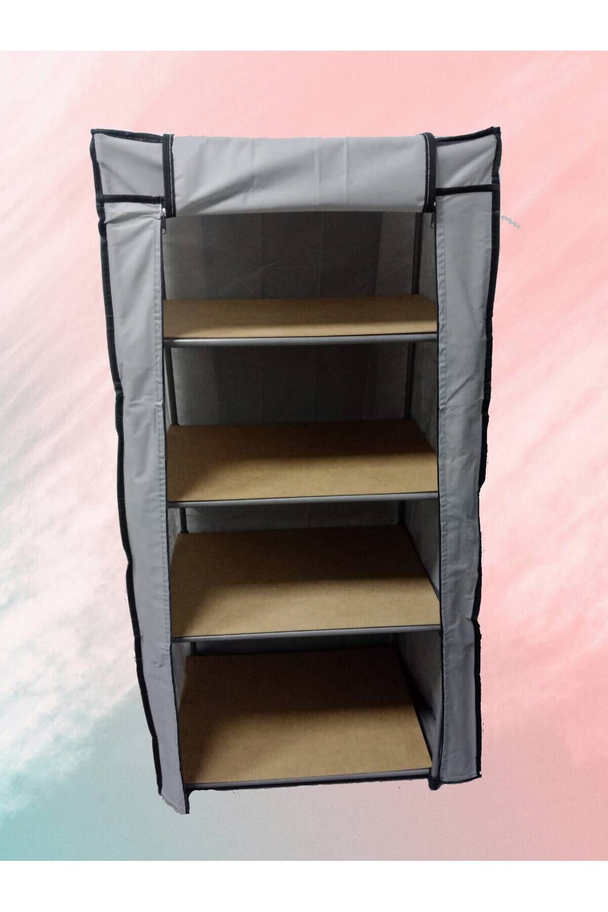 4 Bölmeli Tahta Raflı Çelik Borulu Çok Amaçlı Portatif Bez Gardırop