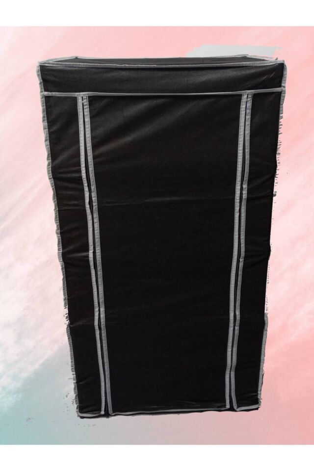 Çelik Borulu 4 Bölmeli Tahta Raflı Çok Amaçlı Portatif Bez Gardırop Siyah