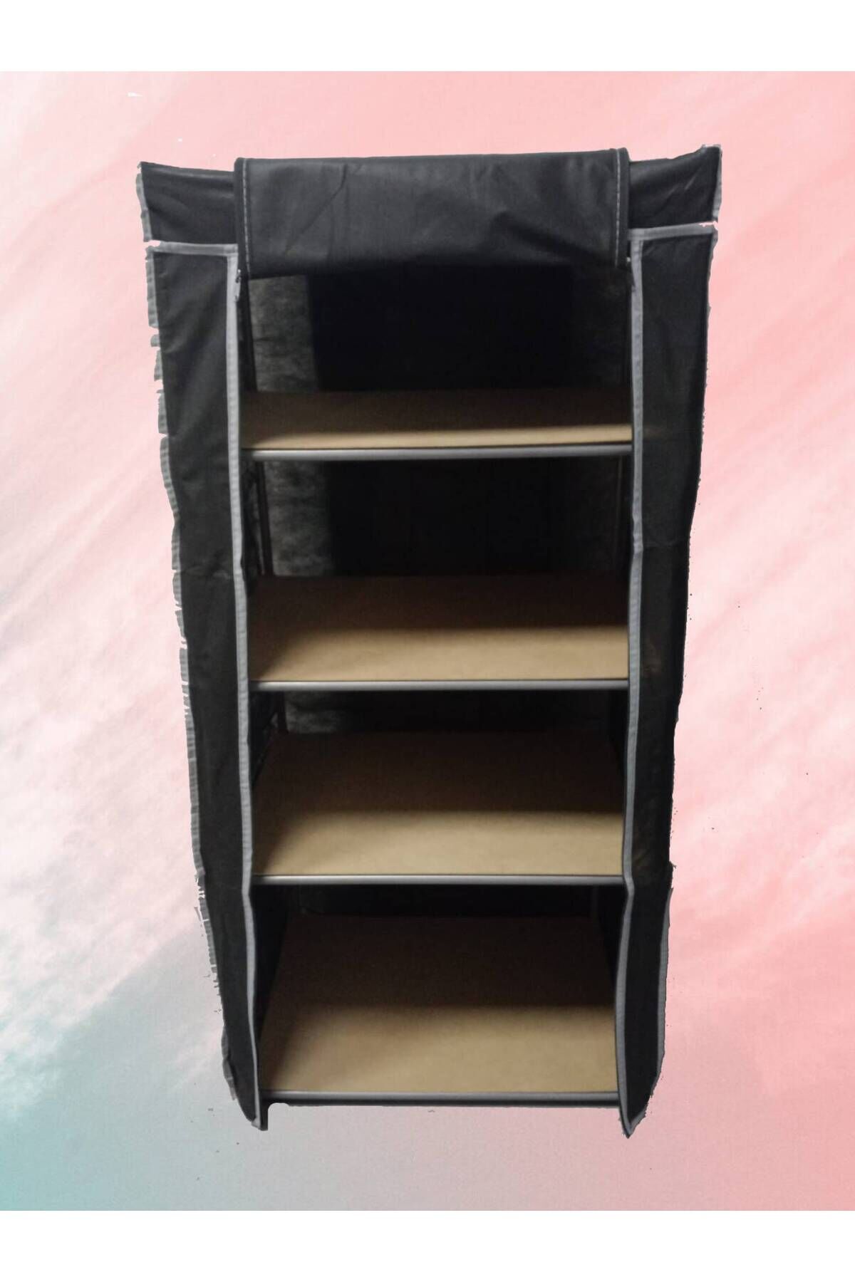 Çelik Borulu 4 Bölmeli Tahta Raflı Çok Amaçlı Portatif Bez Gardırop Siyah