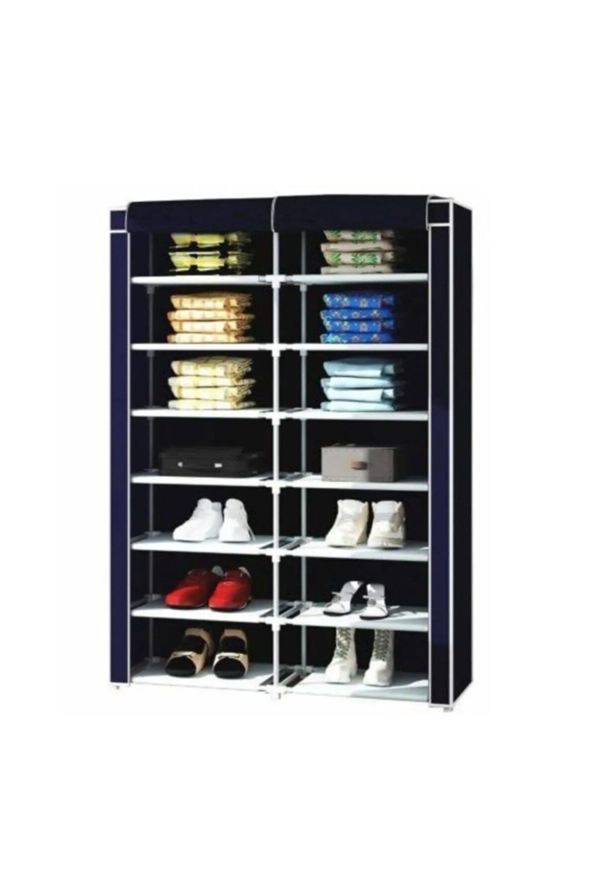 Plastik Profilli Iki Bölmeli Kumaş Raflı Çok Amaçlı Bez Dolap Ayakkabılık Lacivert