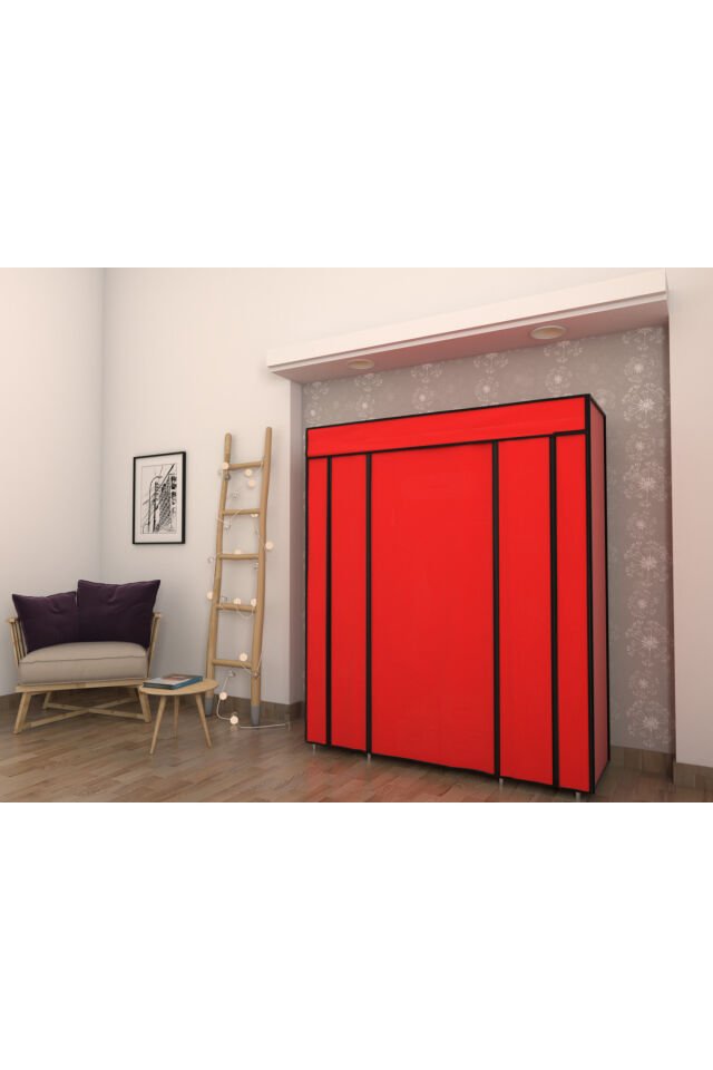 Plastik Profilli Çift Yandan Raflı Kırmızı Bez Dolap Gardırop