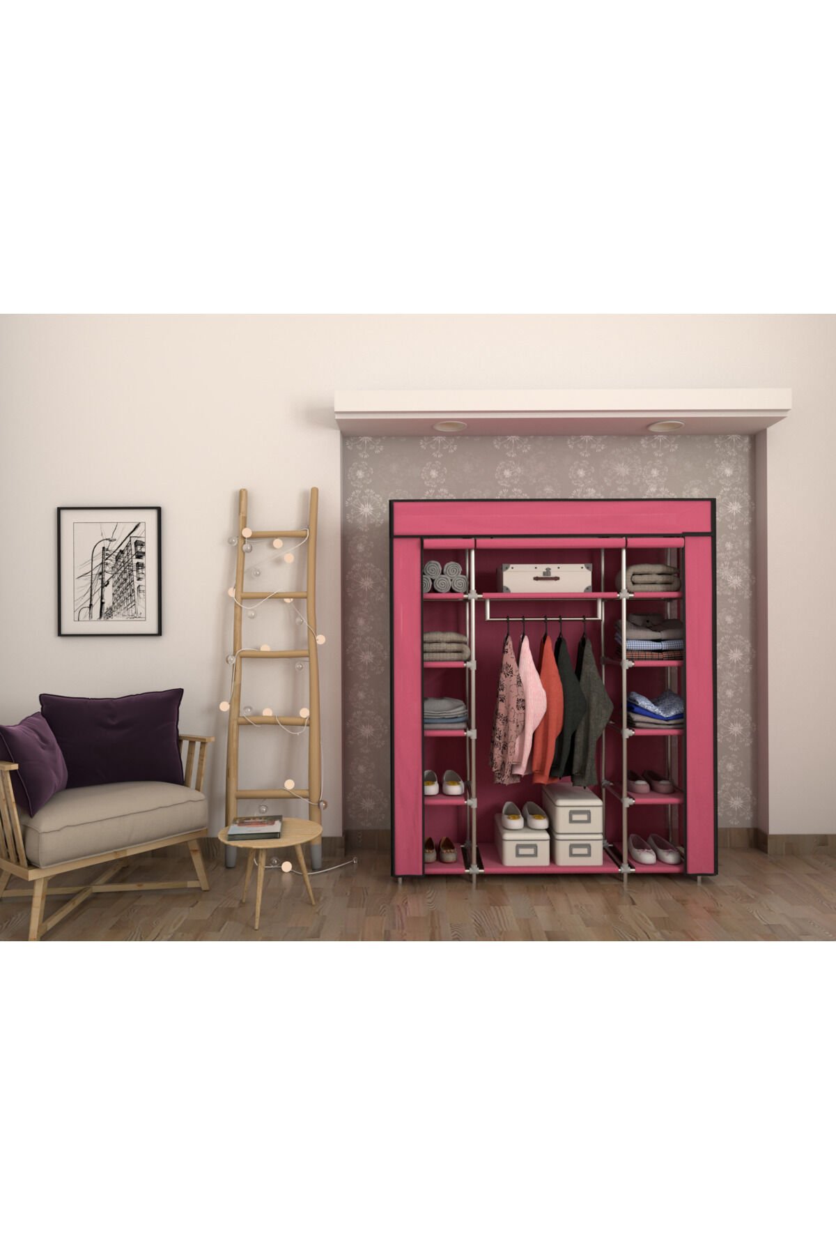Plastik Profilli Çift Yandan Raflı Pembe Bez Dolap Gardırop