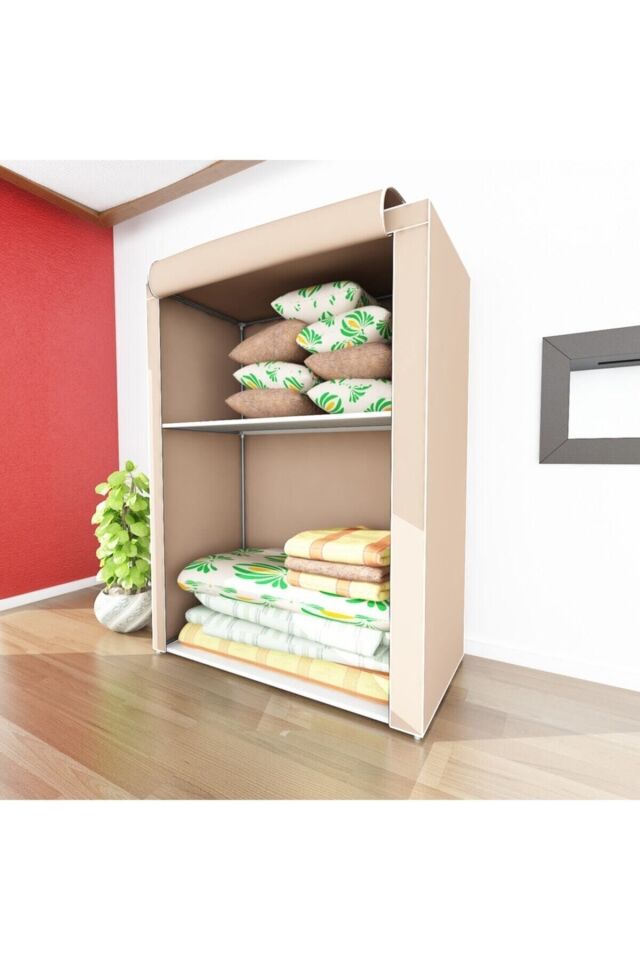 Özel Tasarım Güçlendirilmiş Çelik Yapım Yorgan Hurcu Yüklük Saklama Dolabı Bej Renk Bez Dolap