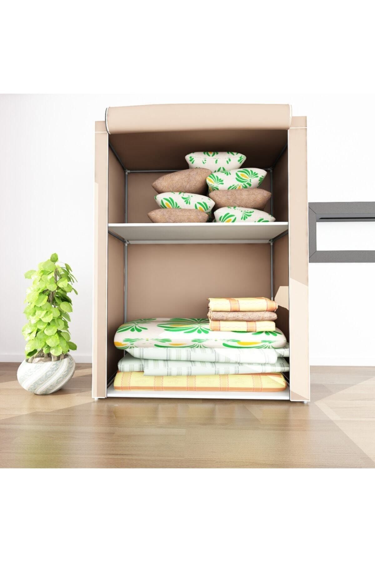 Özel Tasarım Güçlendirilmiş Çelik Yapım Yorgan Hurcu Yüklük Saklama Dolabı Bej Renk Bez Dolap