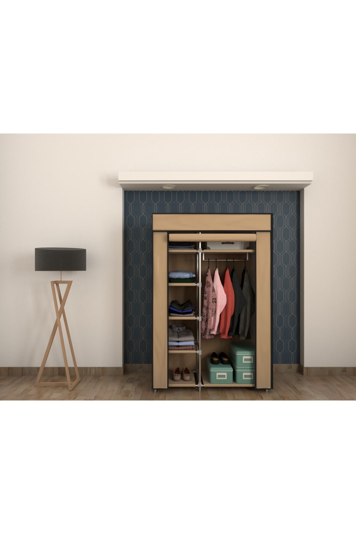 Plastik Profilli Bej Tek Yandan Raflı Bez Dolap Gardırop