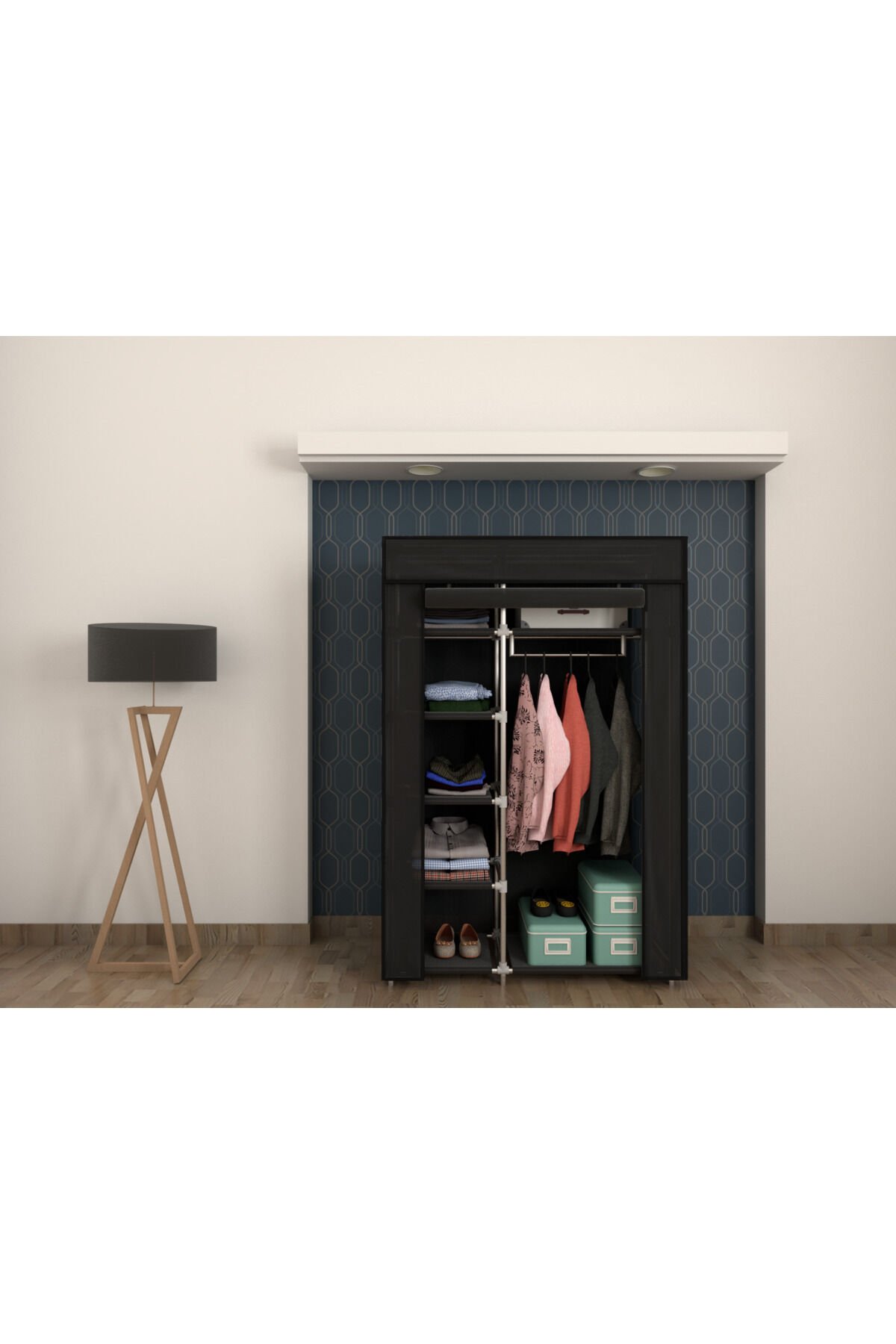 Plastik Profilli Siyah Tek Yandan Raflı Bez Dolap Gardırop