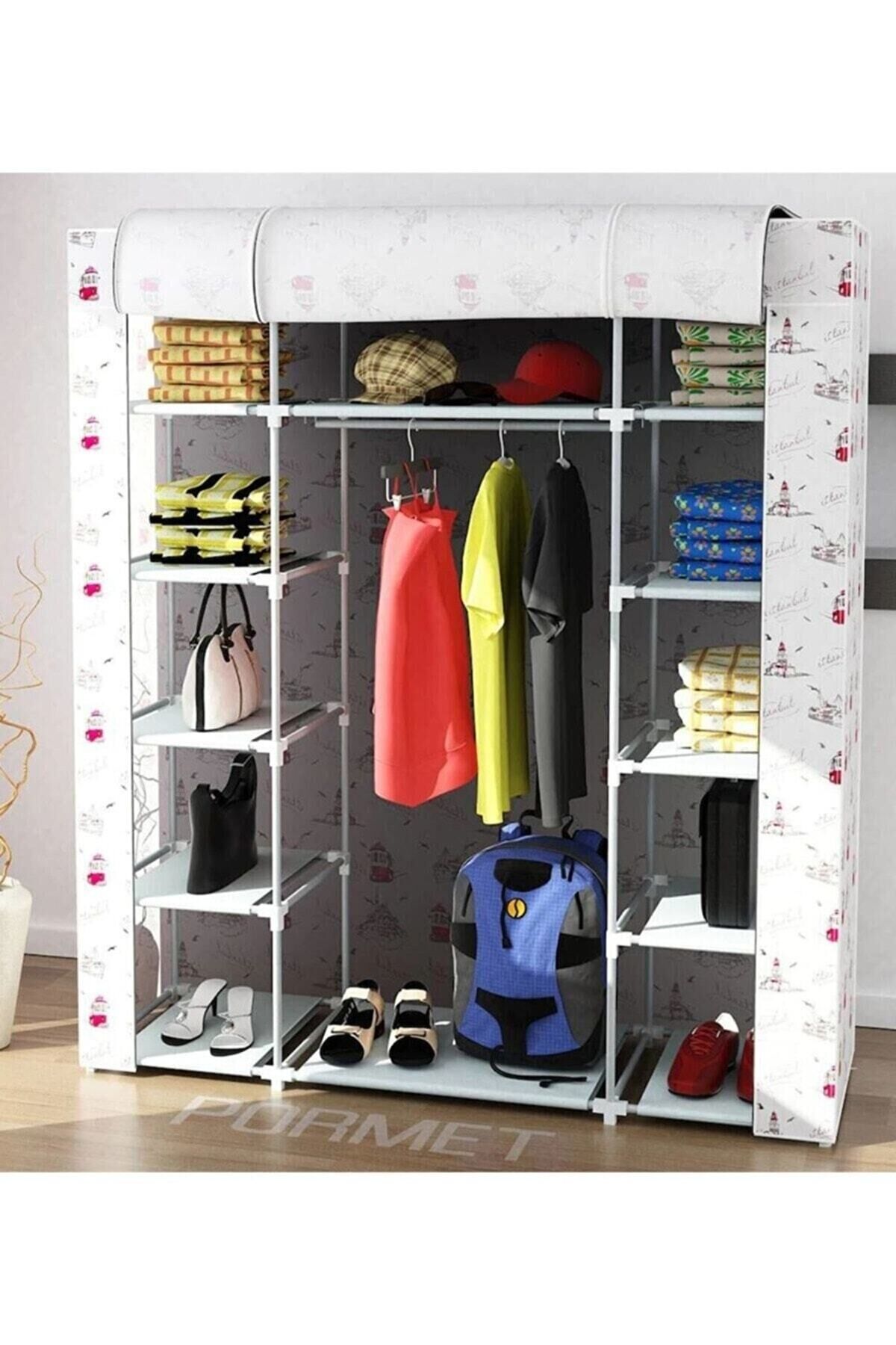 Güçlendirilmiş Çelik Profilli 12 Raf+60 Cm Askılık Çift Yandan Raflı Bez Dolap