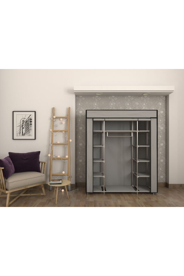 Kumaş Raflı Plastik Profilli Çift Yandan Raflı Bez Dolap Gardırop