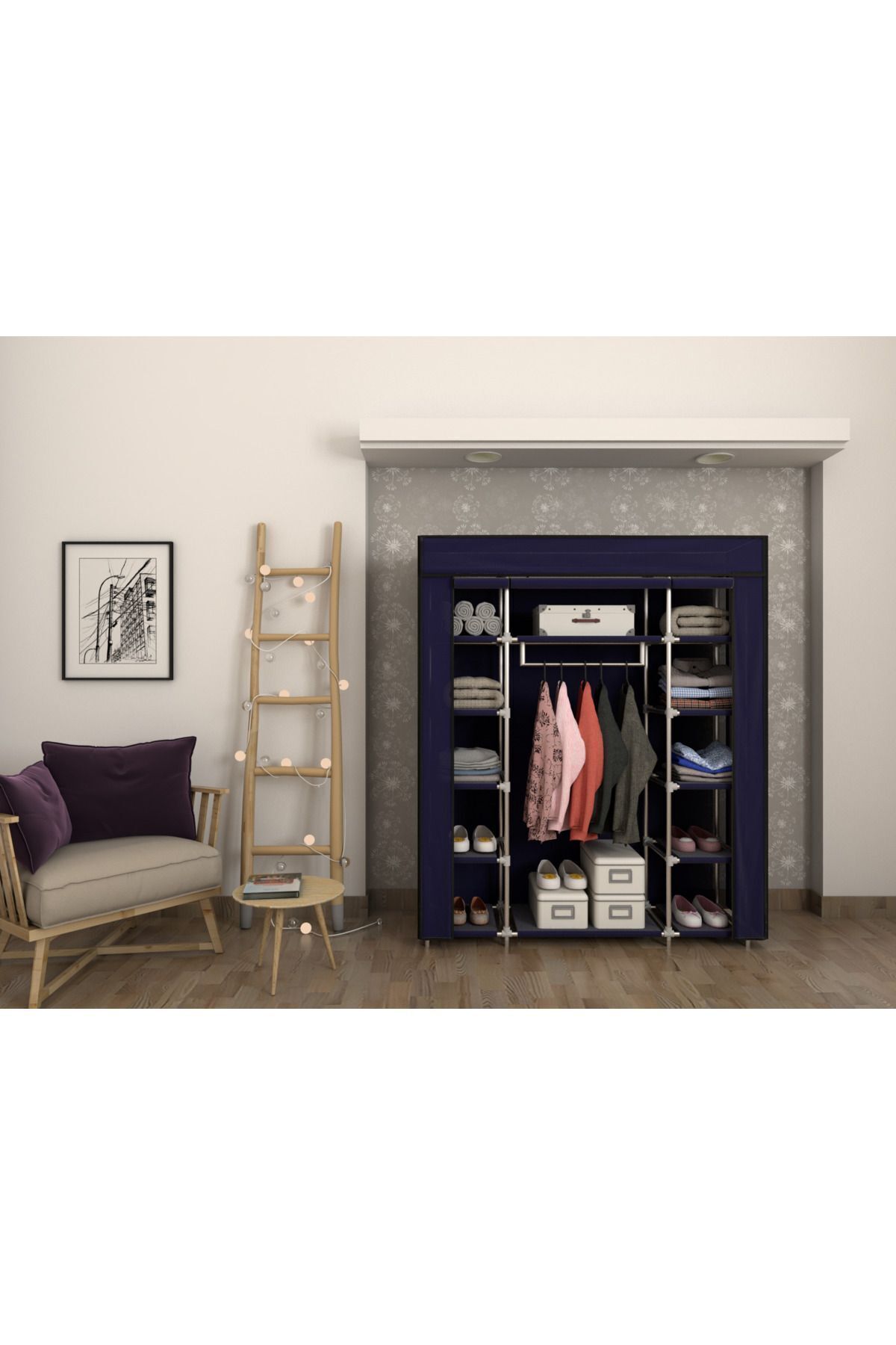 Lacivert Çift Yandan Raflı Bez Dolap Gardrop