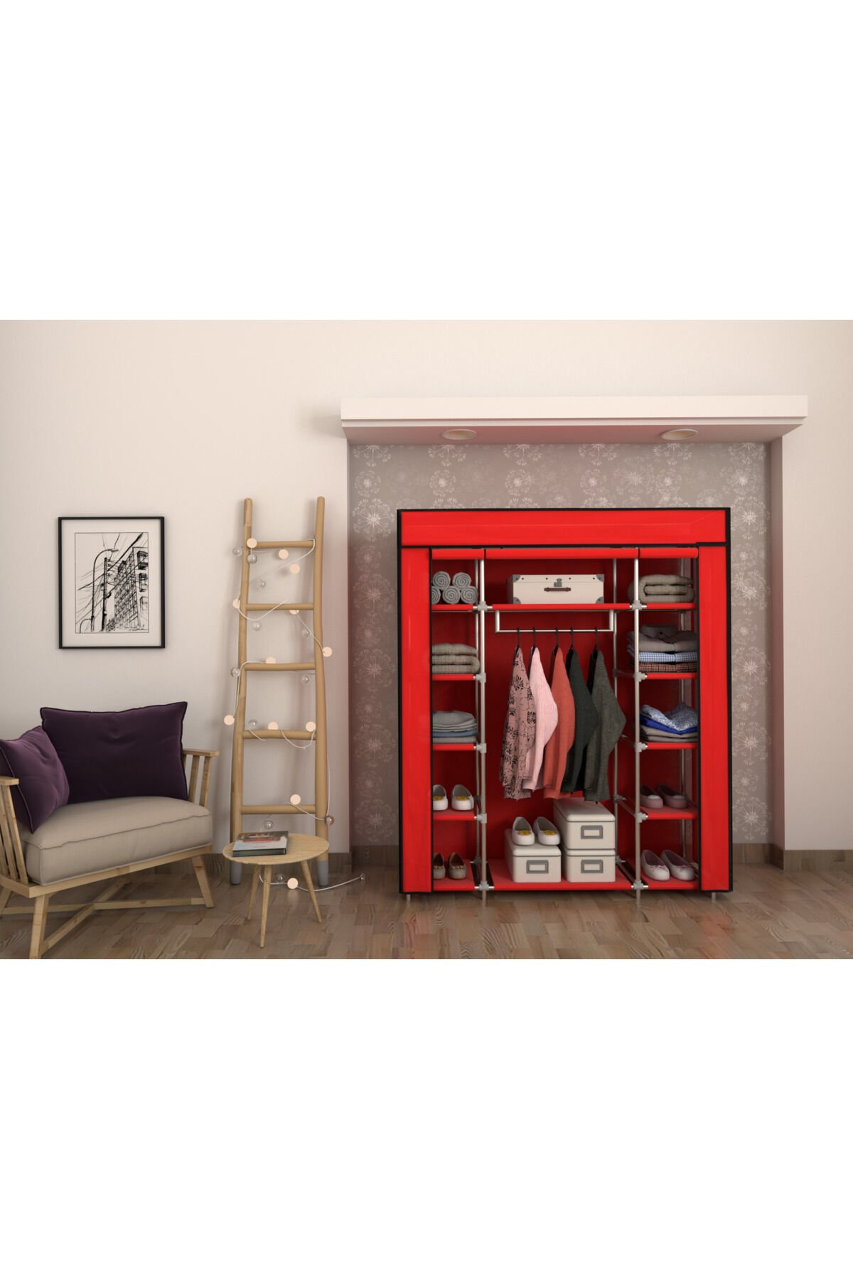 Metal Profilli Çift Yandan Kumaş Raflı Bez Dolap Gardırop