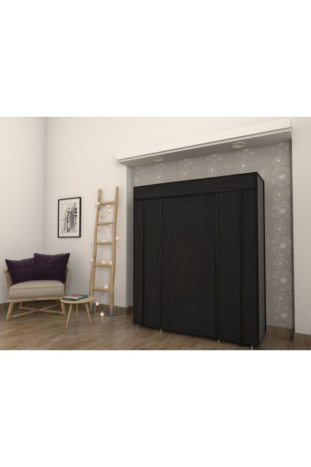 Plastik Profilli Siyah Çift Yandan Raflı Bez Dolap Gardrop