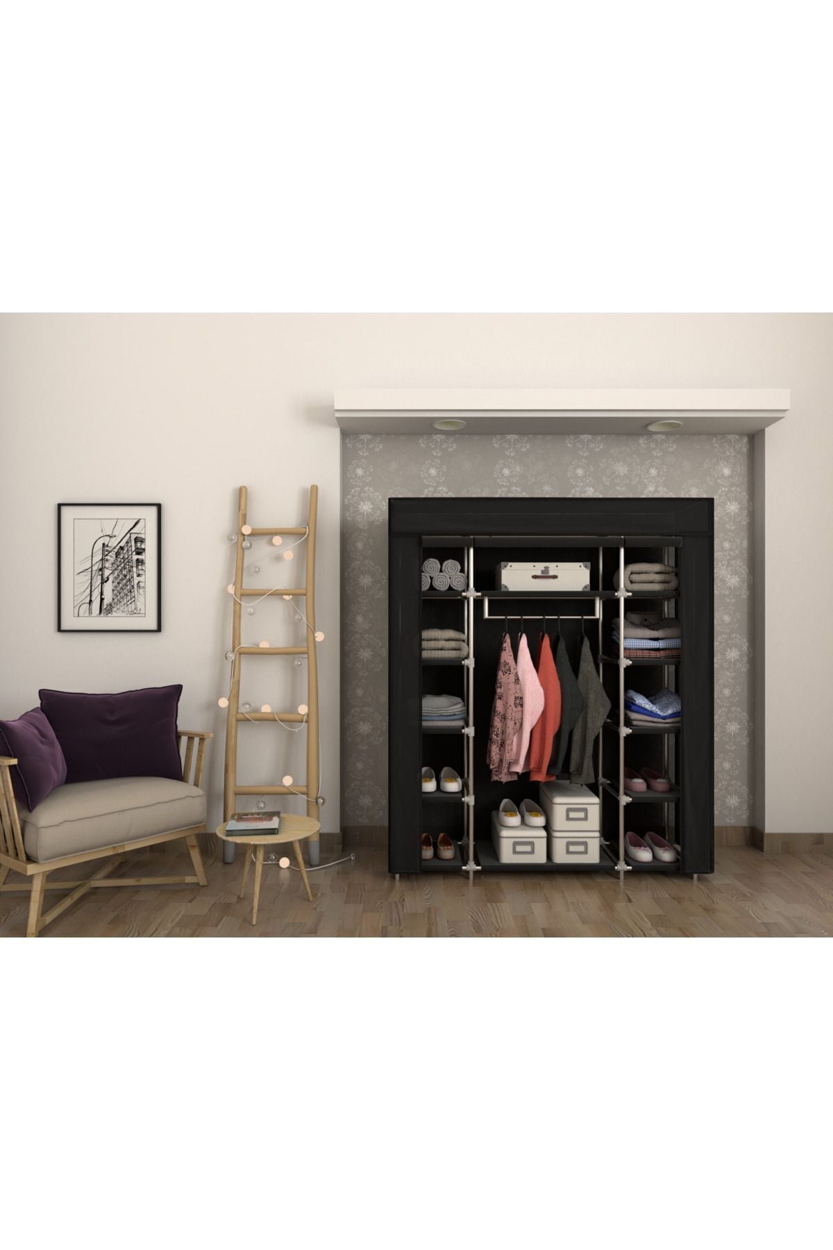 Plastik Profilli Siyah Çift Yandan Raflı Bez Dolap Gardrop