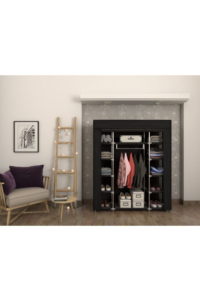 Plastik Profilli Siyah Çift Yandan Raflı Bez Dolap Gardrop