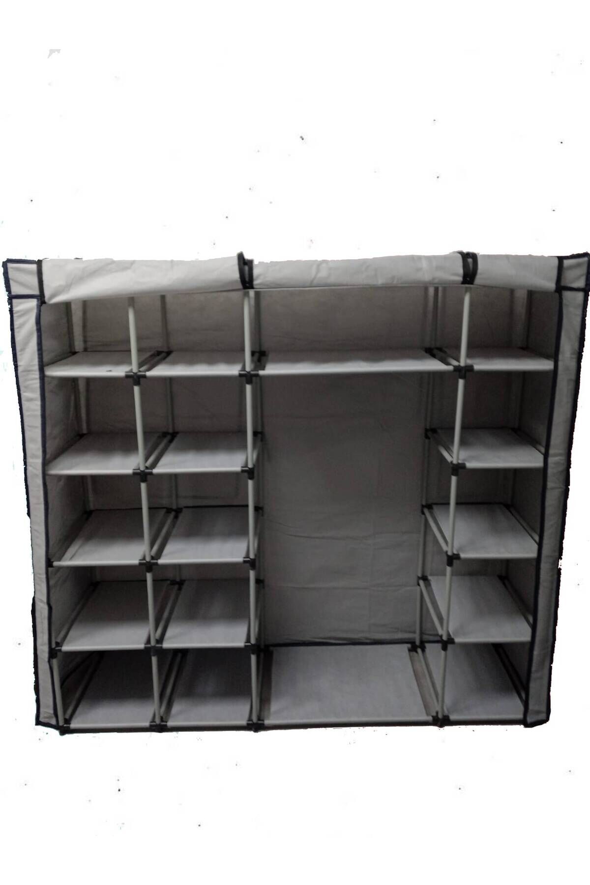 Askılı Plastik Profilli Geniş Hacimli Çift Yandan Raflı Gri Bez Dolap Gardırop