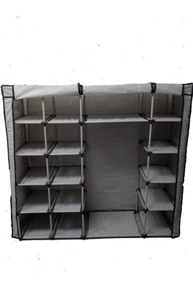 Askılı Plastik Profilli Geniş Hacimli Çift Yandan Raflı Gri Bez Dolap Gardırop