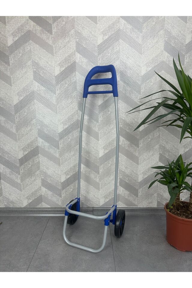 Pazar Arabası Eğri Kulp Düz Renk Çantalı Mavi