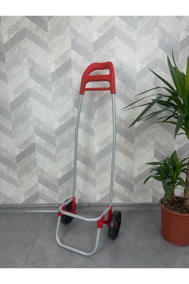 Pazar Arabası Eğri Kulp Düz Renk Çantalı Kırmızı