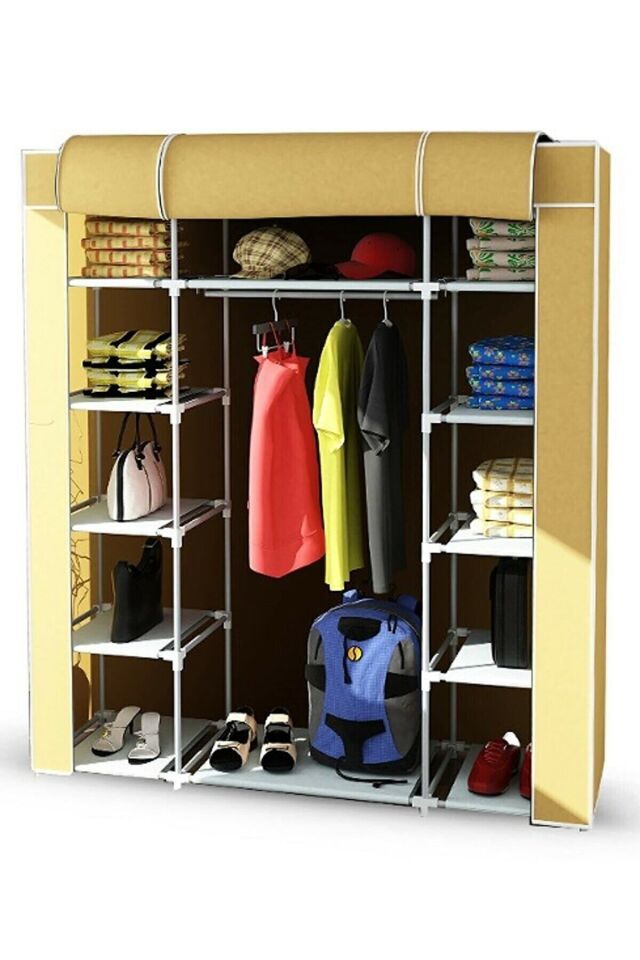 Güçlendirilmiş Çelik Profilli 12 Raf+60 Cm Askılık Çift Yandan Raflı Bez Dolap Bej