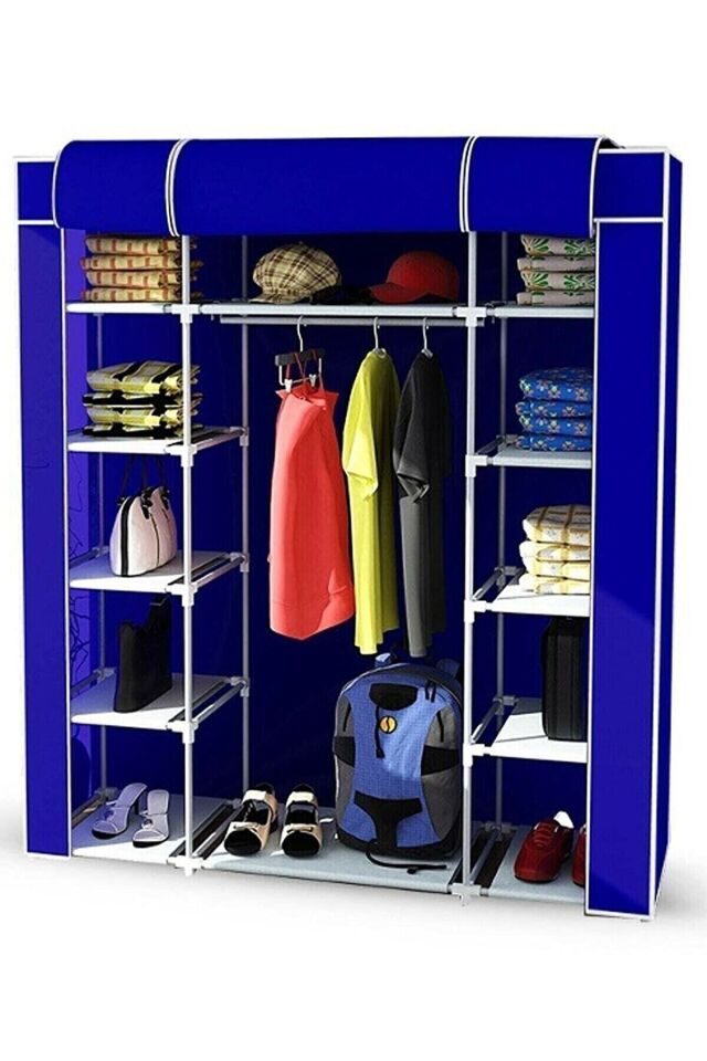 Güçlendirilmiş Çelik Profilli 12 Raf+60 Cm Askılık Çift Yandan Raflı Bez Dolap Saks Mavi̇
