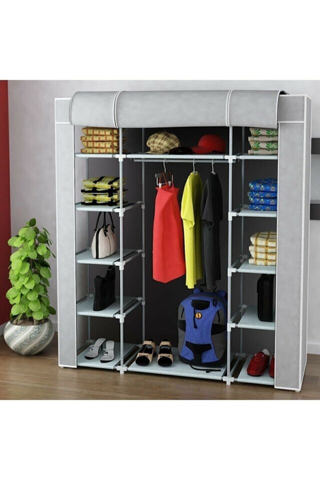 Güçlendirilmiş Çelik Profilli 12 Raf+60 Cm Askılık Çift Yandan Raflı Bez Dolap Gri̇