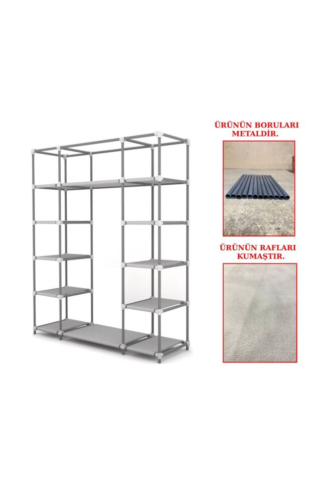 Metal Profilli Çift Yandan Kumaş Raflı Bez Dolap Gardırop Lacivert
